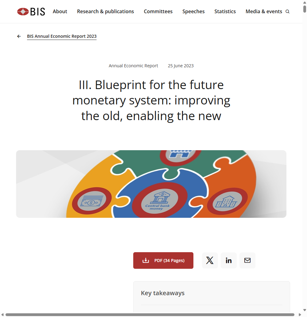 国际清算银行 2023 年度经济报告第三章“Blueprint for the future monetary system”的页面,主题是货币与资产的代币化