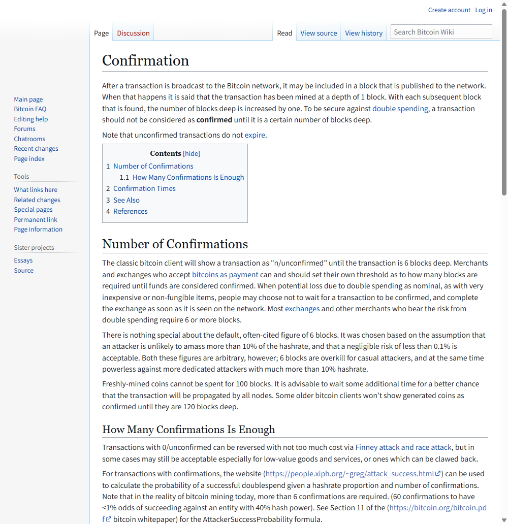 Bitcoin Wiki 的 Confirmation 词条页面，说明交易被打包进区块后算作深度 1，之后每多一个区块确认数加一