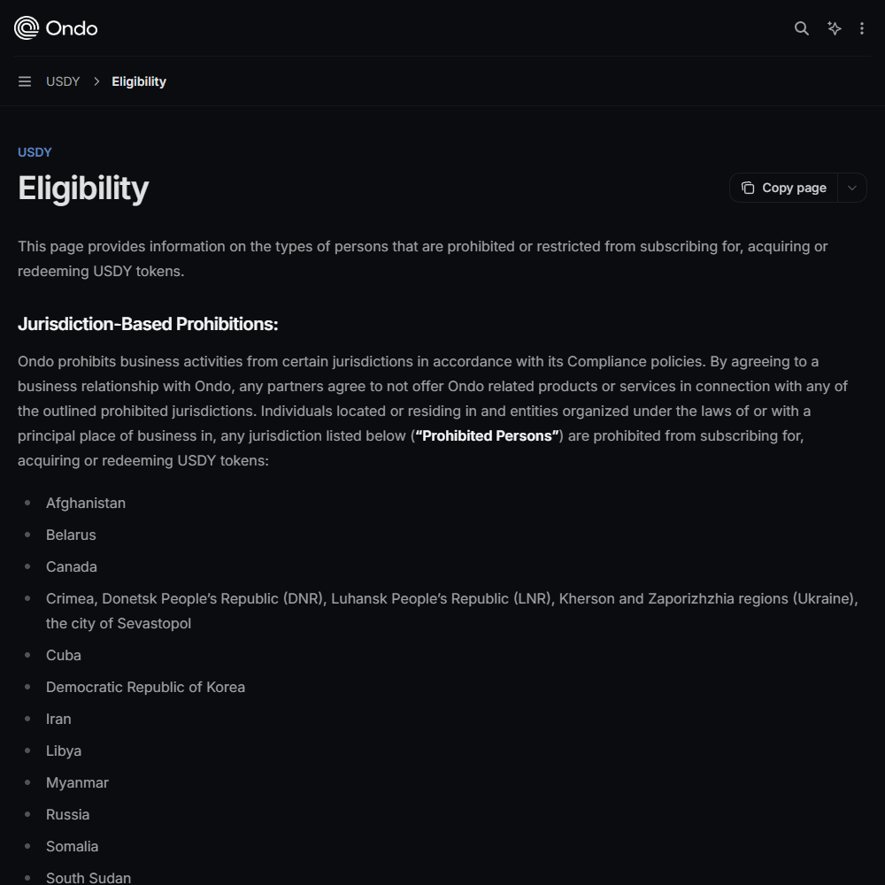 Ondo 文档站的 USDY 资格页面:列出禁止认购、获取或赎回 USDY 的司法辖区,可见阿富汗、白俄罗斯、加拿大、克里米亚与乌克兰的顿涅茨克、卢甘斯克、赫尔松、扎波罗热地区及塞瓦斯托波尔、古巴、朝鲜、伊朗、利比亚、缅甸、俄罗斯、索马里、南苏丹
